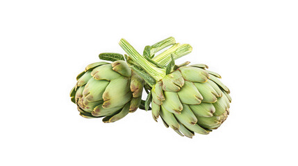 Fototapeta premium Fresh green artichokes vegetable duo isolated on transparent background for healthy cooking and culinary ingredients
