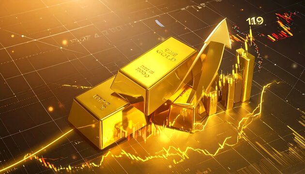 Golden bars and rising graph charts illustrate financial market growth with investments