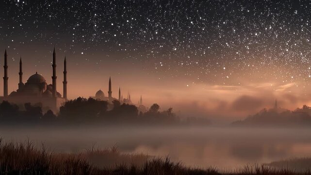 Warmly lit Bedouin tents glow beneath a sweeping Milky Way over rugged mountains, a serene desert night evoking spiritual celebration, pilgrimage and communal gathering