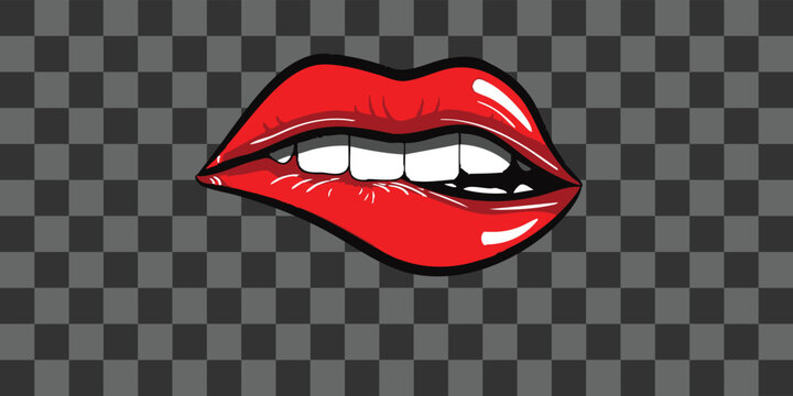 Pop art style red lips biting with transparent background