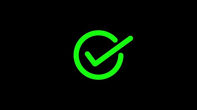 Green check mark on black background, checkmark animation symbol, yes approve choice, approved tick mark, verified symbol, yes icon, check mark flat style