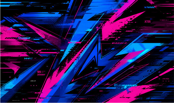 Abstract Gaming Background with Cyberpunk Neon Blue and Pink Dynamic Glitch Shapes