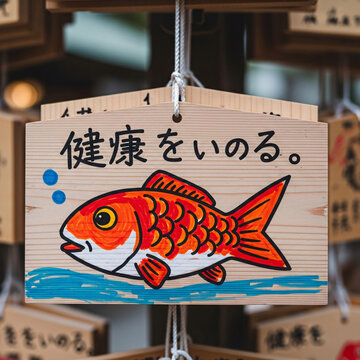 Wooden votive tablet with red fish illustration and Japanese text hanging at shrine.