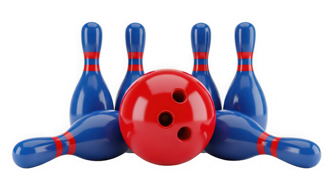 A red bowling ball and blue bowling pins isolated on transparent background for sport or game concept