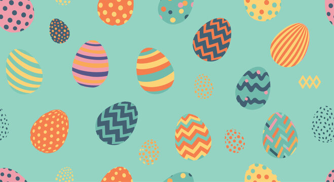 Seamless pattern with colorful decorated easter eggs featuring various patterns like stripes, polka dots, and zigzags on a teal background.