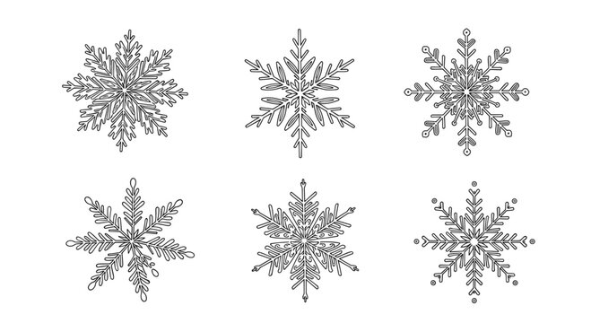 Collection of six intricate and unique black and white snowflake designs in a line art style, perfect for winter decorations or holiday cards.