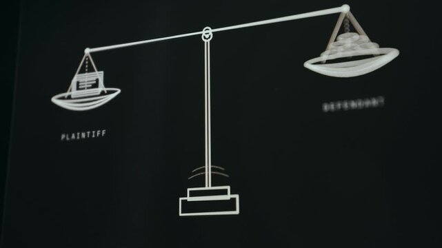 Animation depicting the Scales of justice, Plaintiff and Defendant opposing parties balancing