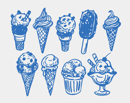 Ice cream set, monochrome illustrations, hand-drawn vector