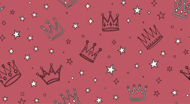 Royal seamless pattern featuring various hand drawn black crown outlines and stars over a dark pink background for festive designs.