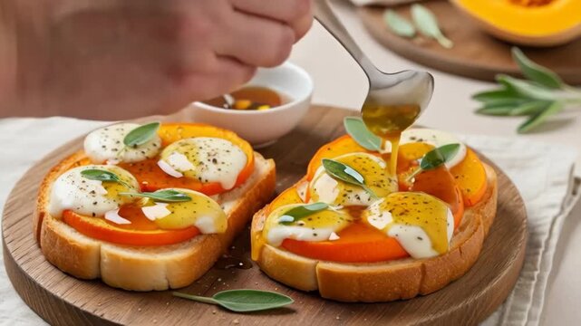 Closeup sequence of toast topped with sliced persimmon, melted burrata cheese and fresh sage leaves as golden honey is drizzled over a wooden serving board for a rustic breakfast scene.