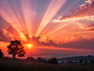 Naklejka premium Dramatic Sunset with Sun Rays Over Scenic Landscape