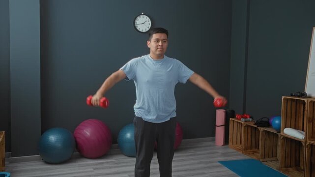 Man lifting red dumbbells with arms raised sideways in gym, standing on blue mat beside exercise balls and wooden crates; training focus.