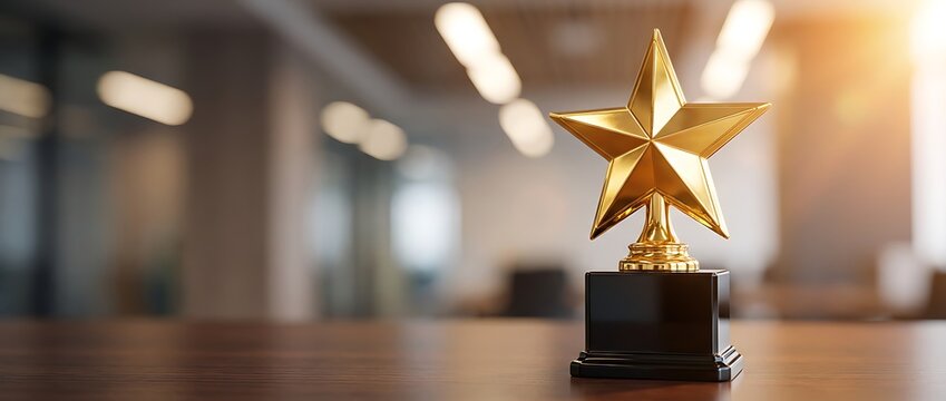 Golden star trophy on a wooden desk in an office setting with blurred background and soft sunlight, symbolizing achievement and success in business.