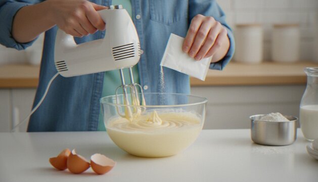 A person using an electric hand mixer to blend cake batter in a glass bowl while pouring in a dry ingredient from a small paper packet.