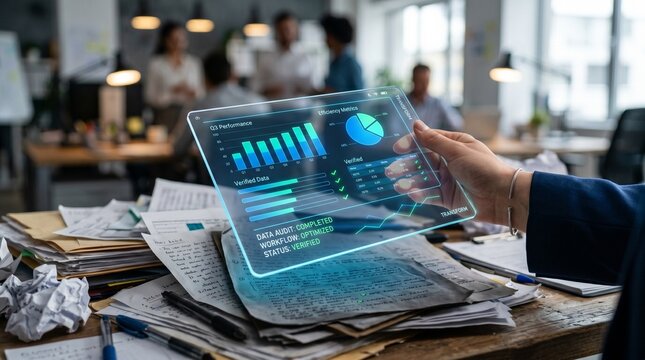 Professional interacts with digital interface featuring transparent tablet with data audit charts.