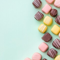 Fototapeta premium Top view Colorful pink, yellow and striped chocolate bonbons scattered on pastel mint, creating a sweet border with copy space. Delightful dessert. ,Candy, Treats