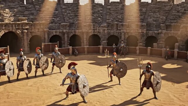 Roman Gladiators Battle in Colosseum Arena, Ancient Warfare, Historical Combat