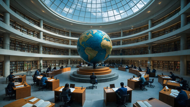 Grand circular library where people translate poetry and stories around a large globe beneath a massive glass dome showing the sky generative AI
