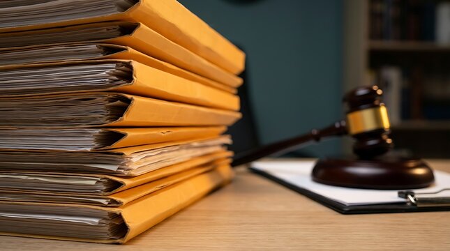 Close up stack of yellow legal files and documents tied with string on wooden desk near gavel and clipboard with legal papers.