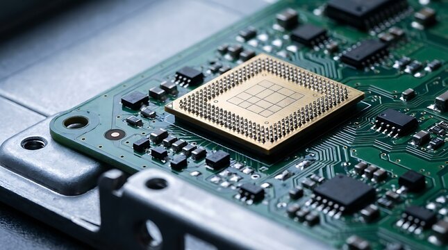 Close up of computer processor chip on green circuit board with complex electronic components and connections.