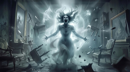 Naklejka premium Screaming female ghost manifesting in haunted victorian room. Poltergeist activity with floating furniture and swirling ethereal energy in dark interior.