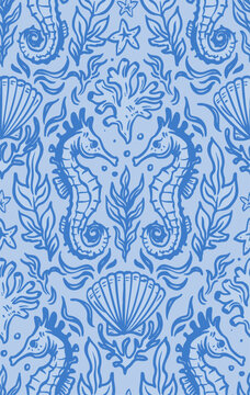Seahorses, underwater, seamless vector pattern, hand-drawn sketch
