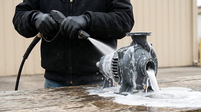 Person in black jacket wearing gloves using pressure washer to spray foam on industrial metal pump part on wooden table exterior setting for maintenance cleaning.