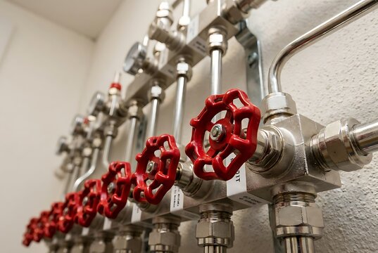 Close up of industrial plumbing system manifold with red valves and gauges, water pipes, engineering and technology, interior setting.