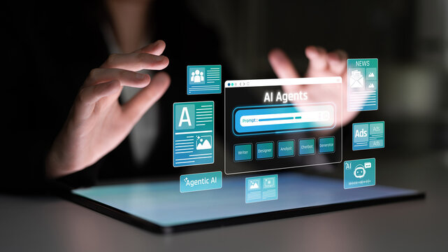 Conceptual representation of artificial intelligence agents interacting with virtual interface and holograms displaying various information categories in a modern digital environment Sigmoid