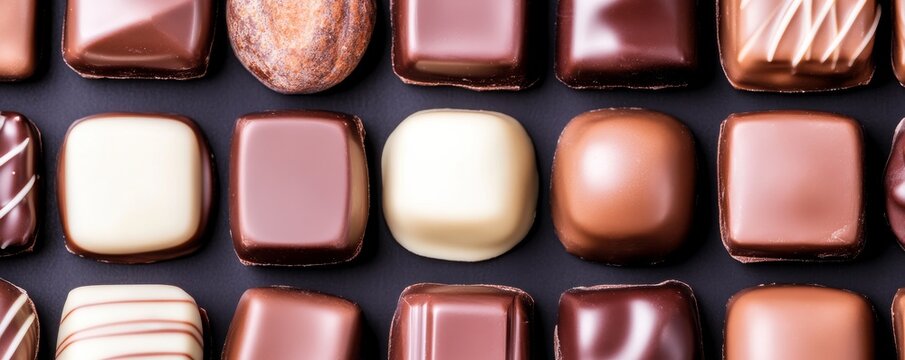 Top-down symmetrical array of assorted gourmet chocolates dark, milk, white bonbons with diverse shapes and textures on a dark surface. Luxury confectionery. Chocolate, Bonbons