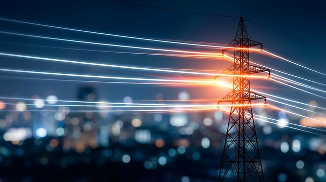 High voltage power lines transmitting electricity across city skyline at night with bright light trails representing energy flow and technology.