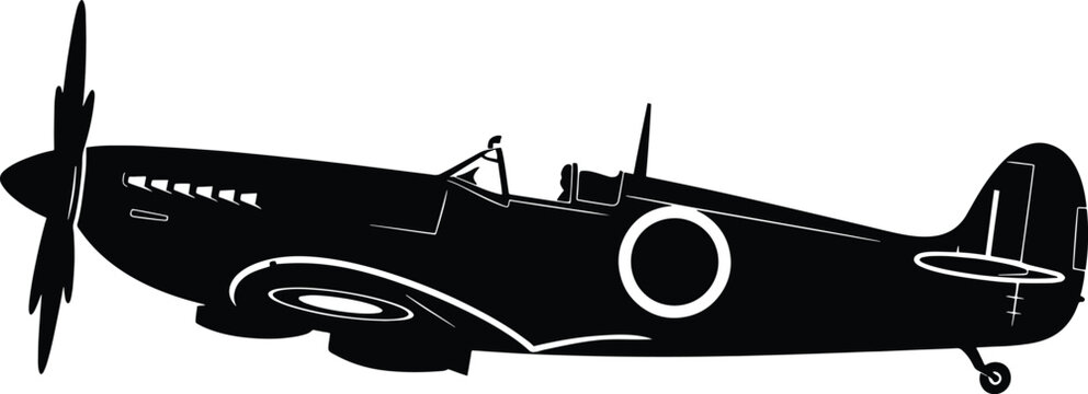 Black vintage fighter airplane with propeller.