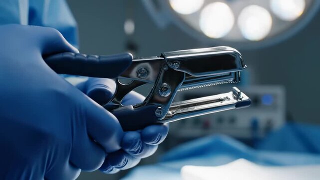 Medical Professional Handling Surgical Stapler in Operating Room, Closeup Shot