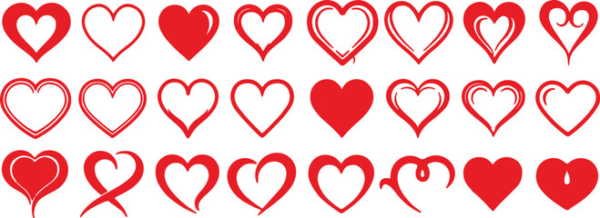 Red heart icons collection, hand drawn vector set of romantic symbols for Valentine Day, wedding greeting cards, love concepts and creative logo design. © Parves