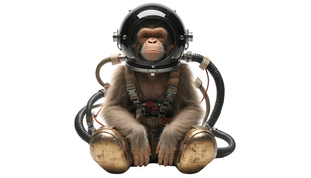 Chimpanzee astronaut in space helmet cute monkey character cut out isolated on white background PNG. AI GENERATED.