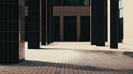 Naklejka premium Tall, dark pillars of a contemporary building cast long, diagonal shadows across a tiled plaza, forming striking geometric patterns and abstract architectural perspectives