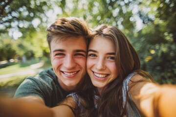 Fototapeta premium Portrait of happy couple selfie in nature