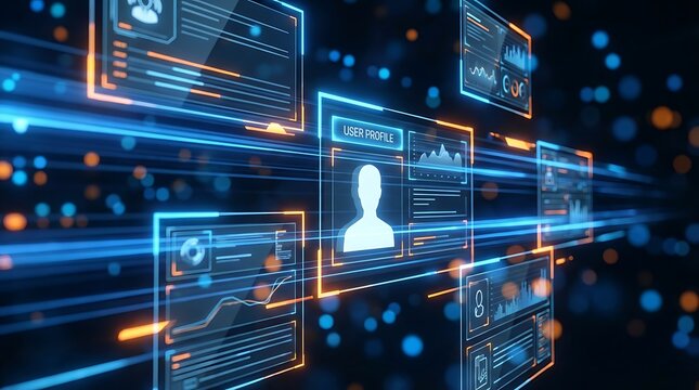 Futuristic digital interface displaying user profile and data analytics, glowing in blue and orange on a dark background with bokeh lights, abstract technology concept.
