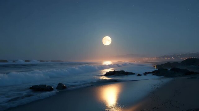A serene beach scene at night with a full moon shining brightly over the ocean waves and a city skyline in the distance