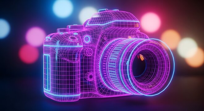 A futuristic camera with vibrant neon and cosmic background elements