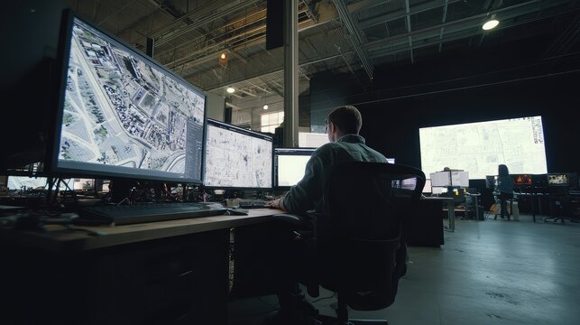Developer analyzing satellite imagery in control data room