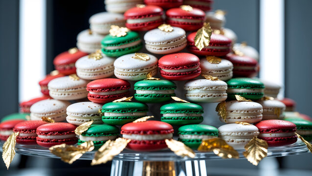 Pyramid of red green and white macarons on a glass stand with gold leaf accents in bright high key lighting generative AI