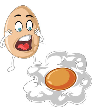 Funny Shocked Cartoon Egg Character Looking at a Fried Egg Illustration