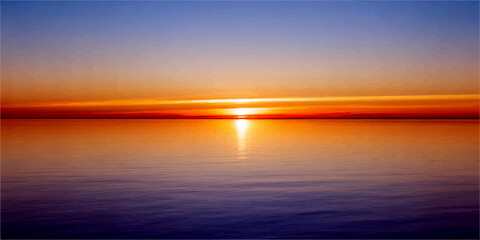 Obraz premium A breathtaking sunset paints the horizon with vibrant hues, the sun's radiant reflection dancing on the serene water's surface, a perfect moment of tranquility and beauty.