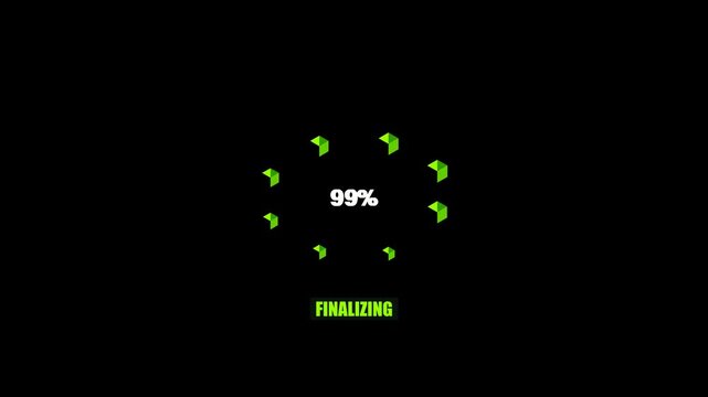 Green digital loading ring progress indicator 99 percent for finalizing status.