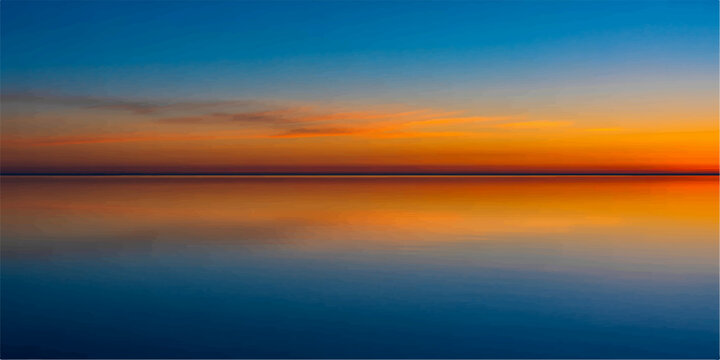 A breathtaking moment as the sky and water blend harmoniously, painted with vibrant hues during sunrise or sunset. The tranquil scene evokes a sense of peace and serenity.
