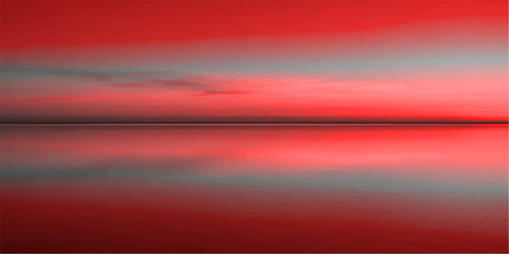 A mesmerizing scene of a seascape with a fiery red sky, where the vibrant colors blend and reflect, showcasing nature's artistry and serene moment.