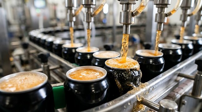 Automated filling machine pouring golden liquid into black cans on a production line with overflowing foamy beverage.