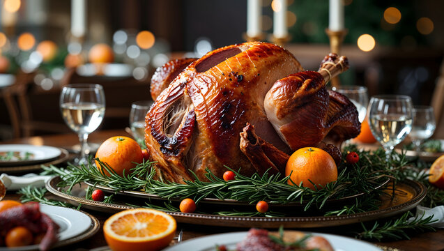 Roasted turkey platter decorated with oranges and rosemary on a festive table with a blurred dinner party background and rich textures generative AI