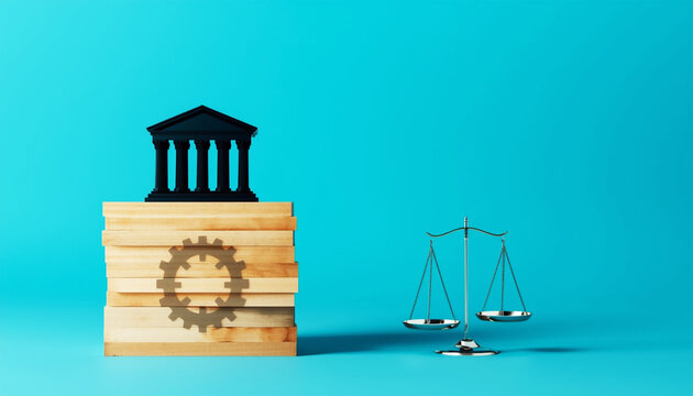 Stack Of Wooden Blocks With Gear And Court Building Plus Scale On Blue Background For Legal Technology Justice System Reform Institutional Balance 3D Render Concept Photo  Professional Theme 